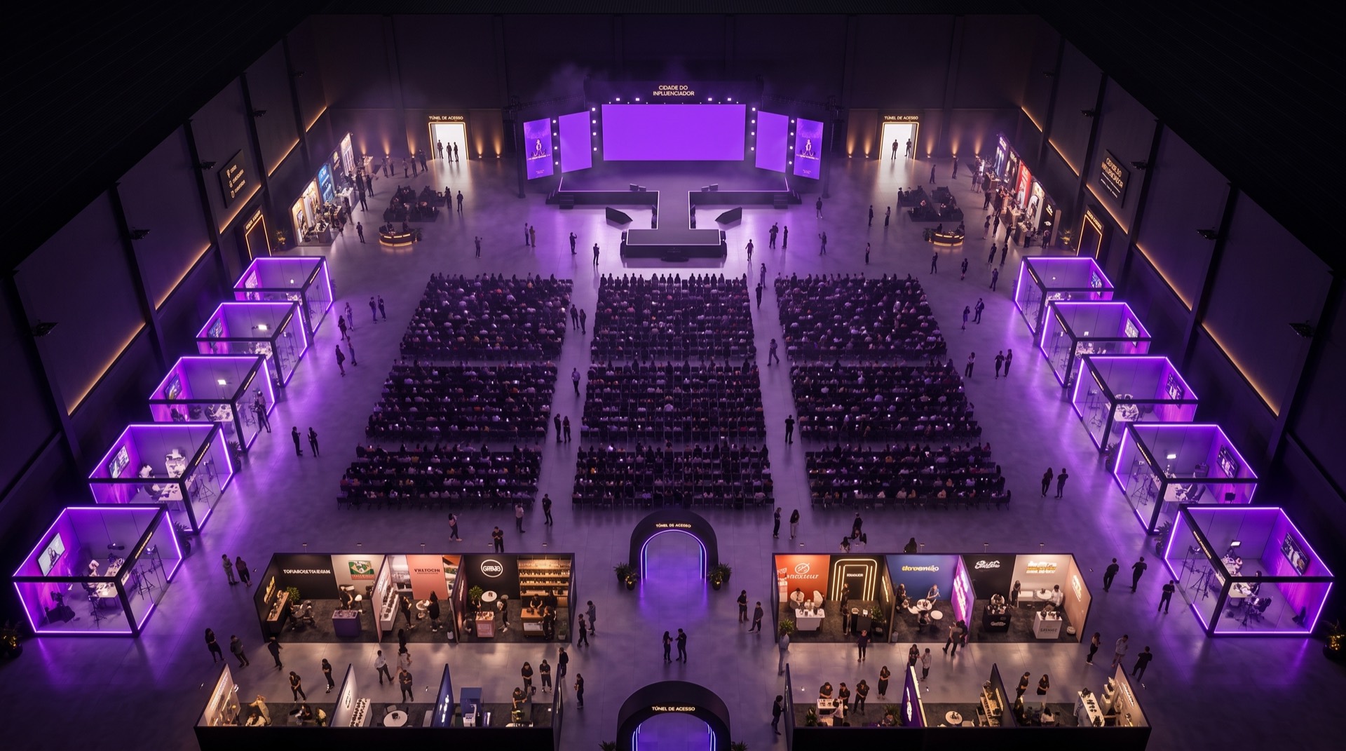 Vista aérea do salão do evento: palco ao fundo, cabines de live nas laterais, plateia central e stands na retaguarda