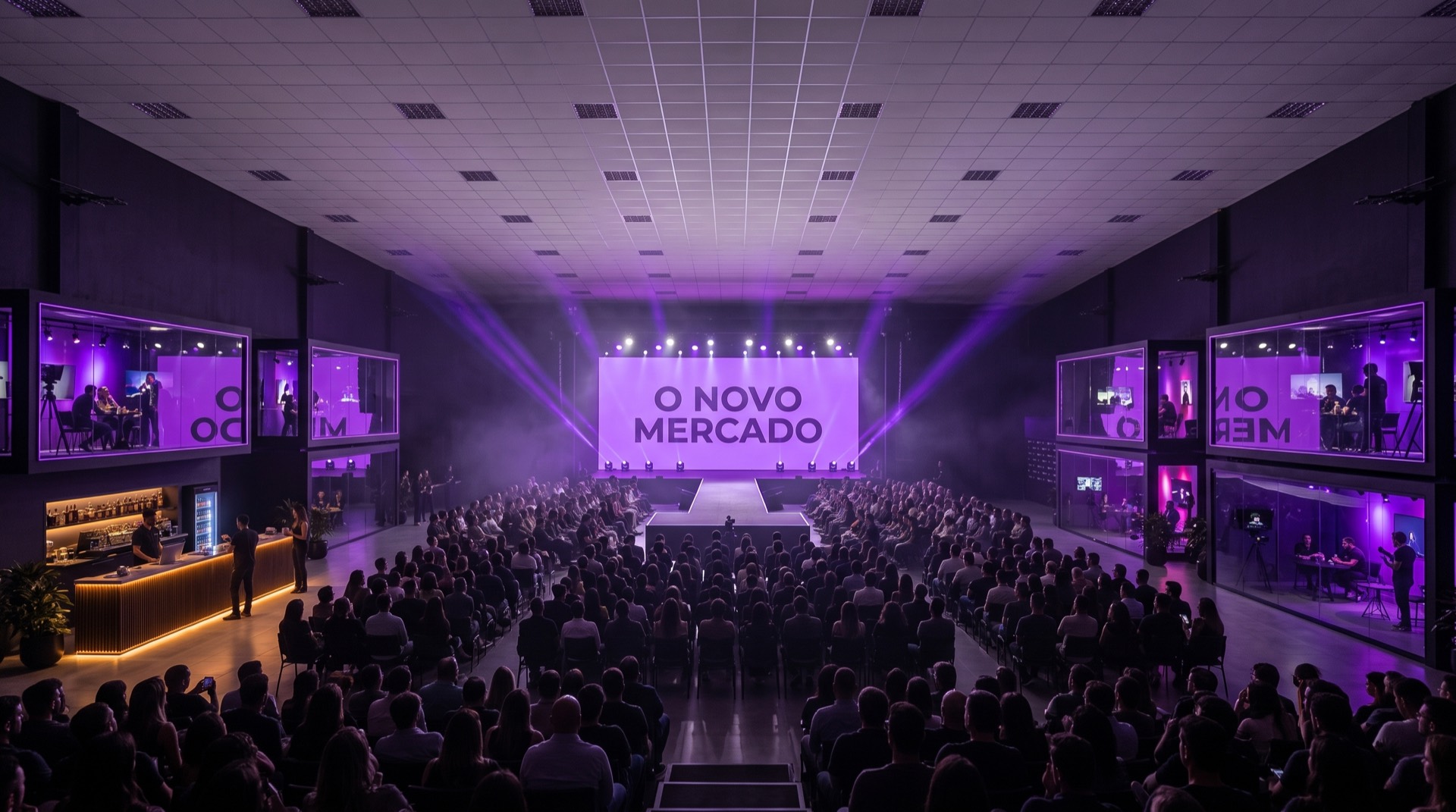 Palco principal do evento com painel de LED roxo